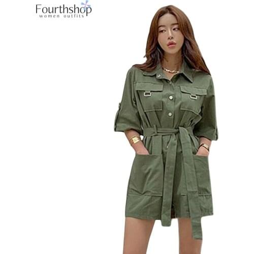 2021 Casual Green Playsuit Women Cargo Pants with Belt Bodysuit Pockets Loose Overalls Female Romper Streetwear Jumpsuit Clothes