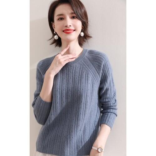 2021JECH Spring and Autumn Cashmere Wool Casual O-Neck Pullovers Winter Clothes Women Hollow Out Women Clothes