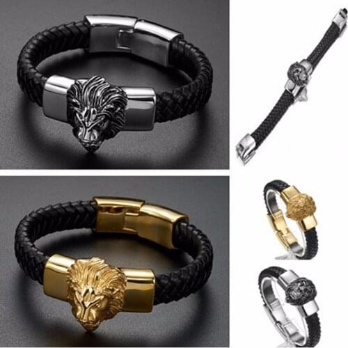 8.66" 15mm New Mens Bracelets Gold Silver color Lion Heads Stainless Steel Black Leather Bracelet Men Wristband Banlges Jewelry