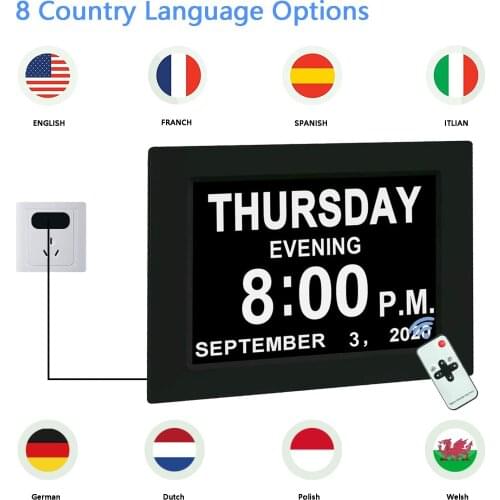 8 Languages Digital Day Clock Led Calendar Day/week/month/year Alarm Clock For Elderly Dementia Vision Impairment Home Decor