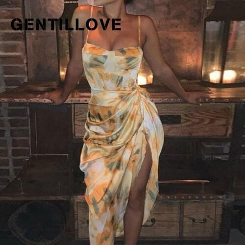 Elegant Abstract Print Spaghetti Strap High Slit Ruched Dress Women Stretch Sleeveless Sexy & Club Night Out Party Dress 2020