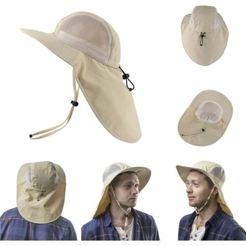 FUFUCAILLM Wide Brim Sun Hat with Neck Flap Adjustable Chin Strap Breathable Mesh Caps Summer Hiking Fishing Hat for Men Women