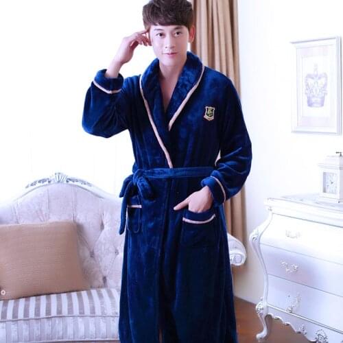 H5975 Men Robe Winter Thickened Flannel Bathrobe Home Wear Male Coral Velvet Long Sleeve Comfortable Large Size Soft Nightwear