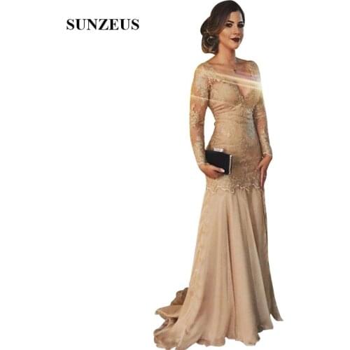 Lace Appliques Long Sleeves Mother Of The Bride Dresses Sexy V-neck Trumpet Wedding Guest Dress Long Chiffon Wedding Party Gown
