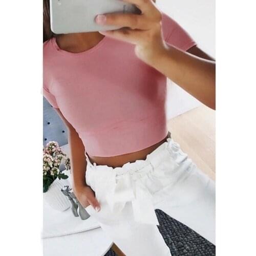 Summer Tshirt Simple Solid Short-sleeved Tight-Fitting Shirt O-neck T-shirt Casual Crop Tops Girl Women Clothing