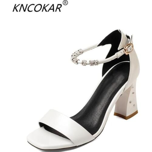 KNCOKAR 2018 Summer new style thick heel high heel fish mouth womens style a word buckle with real leather womens shoes