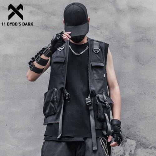 11 BYBBS DARK Men Multifunction Tactical Sleeveless Cargo Vests Streetwear Buckle Ribbons Multi Pockets Vests Techwear Overalls