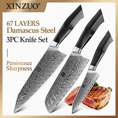 2020 XINZUO 3PCS Kitchen Knives Sets G10 Handle Damascus Knife Steel Sharp Chef Utility Santoku Knives Knife For Vegetables Meat