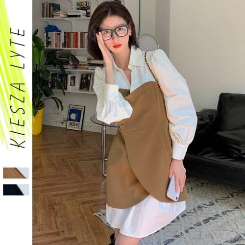 New Autumn 2021 French Blouse Dress Patchwork Corset Woman Long Sleeve Chic Midi Dresses