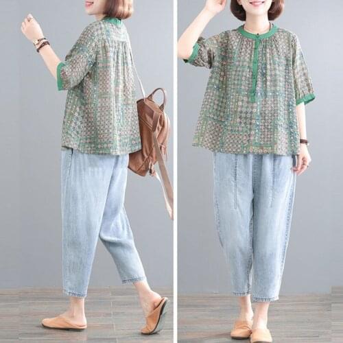 One Piece /Set Female 2021 Summer New Plus Size Printed T-Shirt Retro Jeans 2PCS Women Short-Sleeved Nine-Point Pants Suit Lady