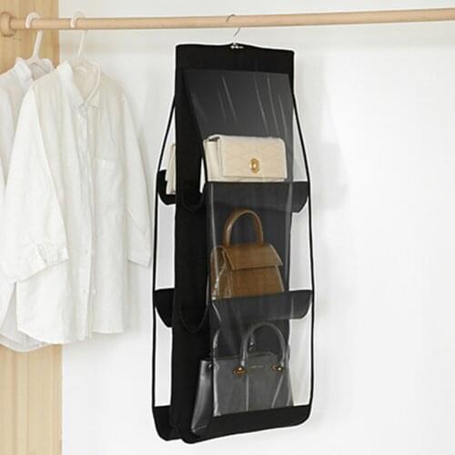 6 Pocket Hanging Transparent Handbag Organizer for Wardrobe Closet Storage Bag Door Wall Clear Sundry Shoe Bag with Hanger Pouch