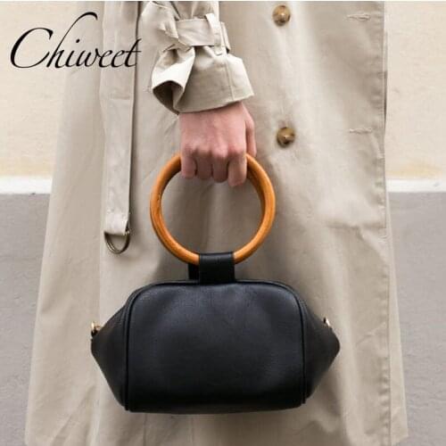Luxury High Quality Leather Handbags Wood Ring Handle Women Bags Designer Female Messenger Bags Vintage Large Tote Shoulder Bag