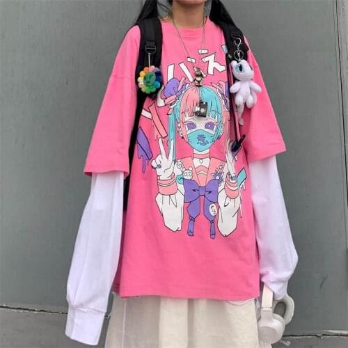 Harajuku sweet tshirt women t shirt stitching fake two-piece cartoon printing loose round neck student long-sleeved t-shirt