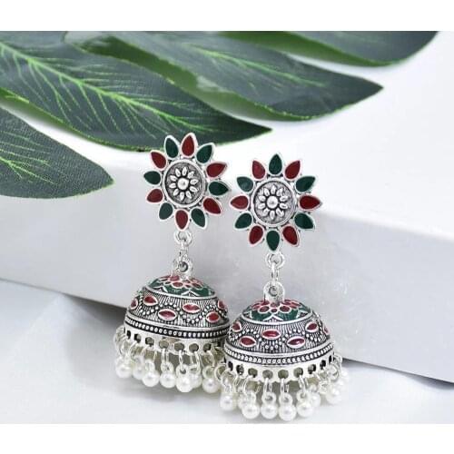 Vintage Ethnic Crystal Flower Turkish Jhumka Earrings For Women Vintage Indian Jewelry Silver Color Bell Tassel Dangling Earring