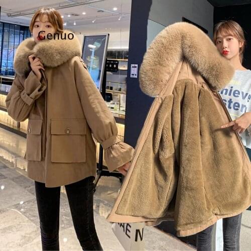 Ladies Velvet Liner Thicken Hooded Parka Women Slim With Big Fur Collar Outerwear Autumn Winter Jacket Women Coat Parkas Female
