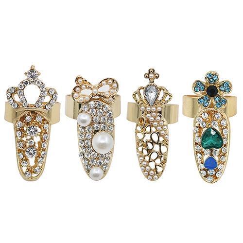 Womens Fashion Rhinestone Flower Crown Bowknot Finger Tip Nail Cover Ring Nail Art Decoration