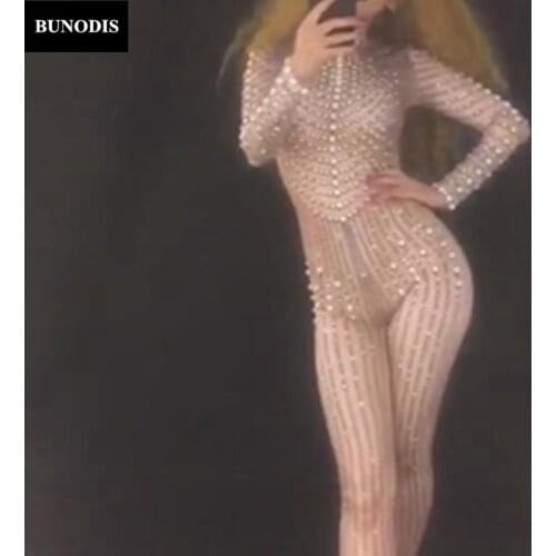 ZD167 Women White Pearl Jumpsuit Full Of Sparkling Crystals Bodysuit Nightclub Birthday Party Sexy Clothing Celebrate Stage Wear