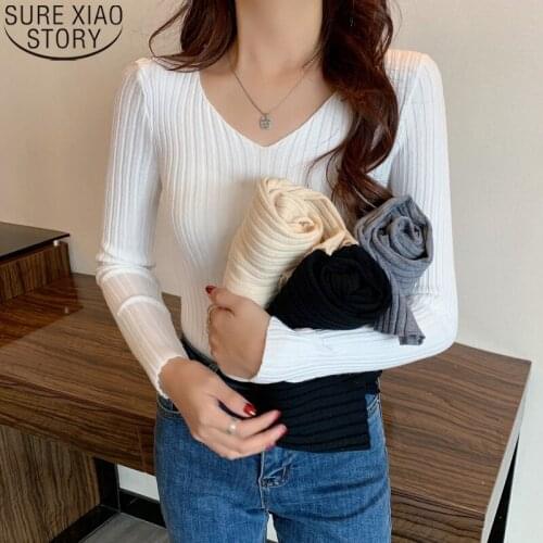 Womens Autumn and Winter 2021 V-neck Knitted Sweaters Office Lady Bottoming Sweater Korean Pullover Long Sleeve Shirt 16158