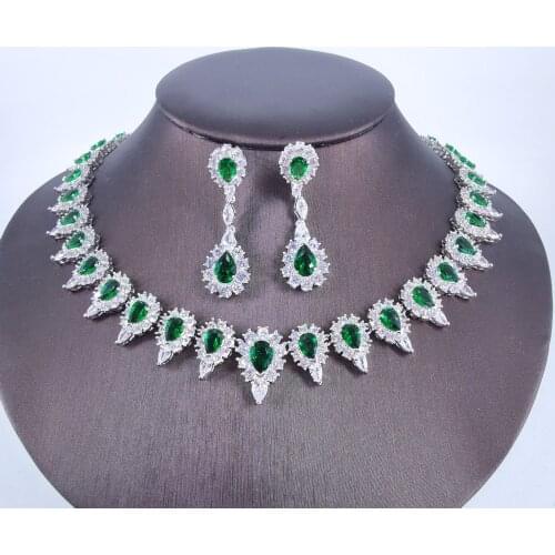 2020 new fashion Green CZ zircon necklace earring set,wedding bridel dinner banquet dress jewelry free shipping