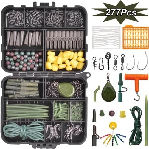277Pcs/Box Carp Fishing Tackle Including Carp Hooks Swivels Anti Tangle Sleeves Hook Stop Beads Boilie Bait Screw Tail Rubber
