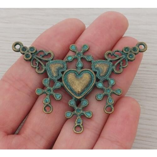 3 x Green Verdigris Patina Large Tribal Ethnic Boho Heart Flower Connector Charms Pendants For Necklace Jewelry Making Findings