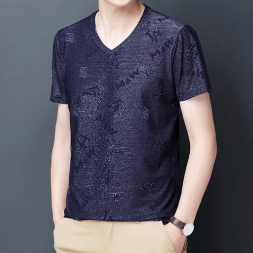 Summer Blue Silk Comfortable Cozy Big Size Blouse Claret Oversize Wide T-shirts Classic V-neck Clothes For Men Fashion Grey Red