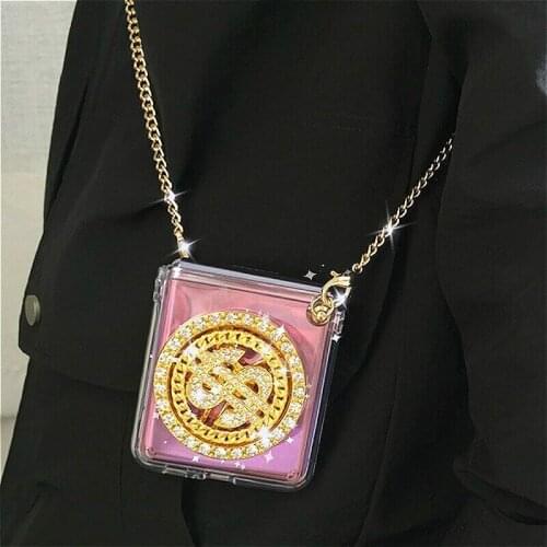DIY Gold Dollar Holder Transparent Case For Samsung Z Flip 5G 4G Long Chain Crossbody Case Cover For Z Flip 3 Cute Funny Case