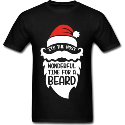 Santa Claus Tshirt Wonderful Time For A Beard Man T-shirt Merry Christmas Gift T Shirts 100% Cotton Adult Tops Black Tees Funny