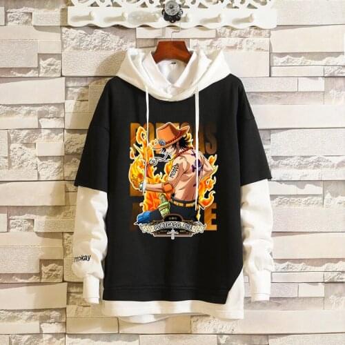 One Piece Luffy Ace Zoro Trafalgar Law Cartoon Hoodies Sportswear Sweatshirts Fake Two Piece Pullover Cosplay Costume Streetwear