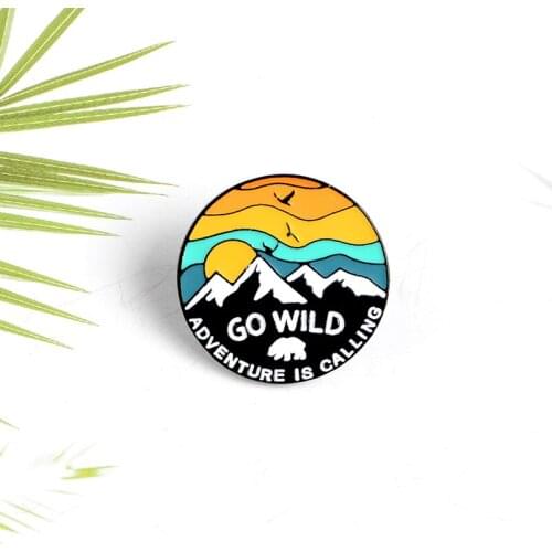 Fashion round enamel pin beautiful scenery sunset sun snow mountain GO WILD polar bear denim badge jewelry lapel brooch gift