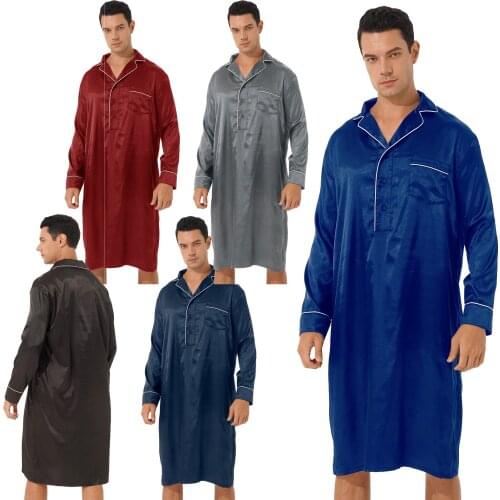 Men Notched Collar Button Satin Nightshirt Pajamas Sleepwear Loose Long Sleeve Pullover Bathrobe Nightwear Loungewear