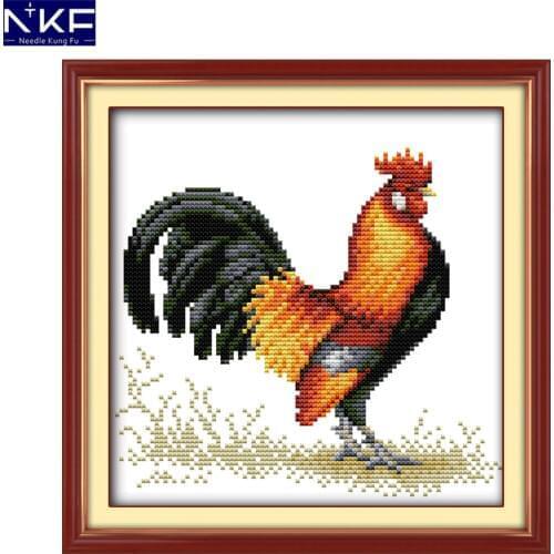 NKF Golden Chicken Crowing Pattern Handmade Craft Needlework Cross Stitch Set Embroidery Kit Animal Design Stitching Home Decor