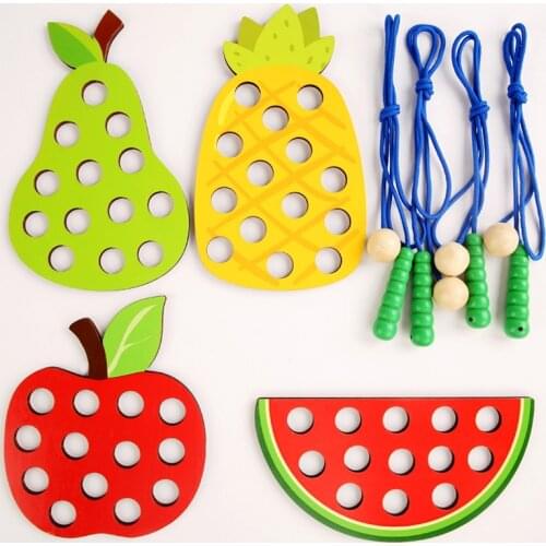 Baby Montessori Educational Wood Toys Caterpillars eat Fruits Threading Rope Toddler Activity Learning 2 Years Fine Motor Skills