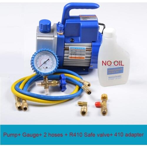 Single Stage 2.5CFM 150W Vacuum Pump HVAC Tool AC R410a R134 + Gauge+ 2 Hoses+ R410 Safe Valve+ 410 Adapter