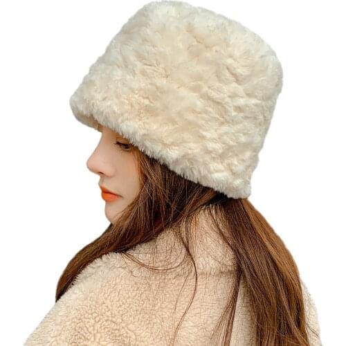 Sparsil Autumn Faux Rabbit Fur Skullies Beanies Women Outdoor Warm Windproof Bucket Hat Winter Foldable Thicken Warm Panama Caps