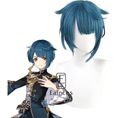 Game Genshin Impact Xingqiu Cosplay Wig Short Blue Wigs with Bangs Heat Resistant Synthetic Hair Halloween Free Wig Cap