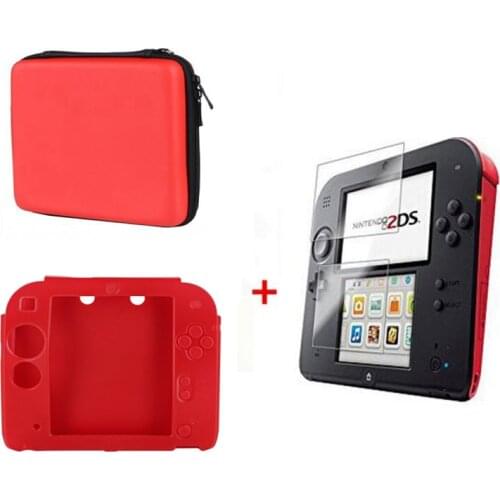 Red Silicone case Bag+Protect Clear Touch Film Screen Guard+Red EVA Protector Hard Travel Carry Case Pouch bag for nintend 2DS