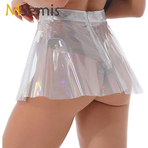 Holographic Pleated Skirt Women See-through Harajuku Casual Sexy Glossy High Waist Micro Mini Skirt Adult Dance Costume Clubwear