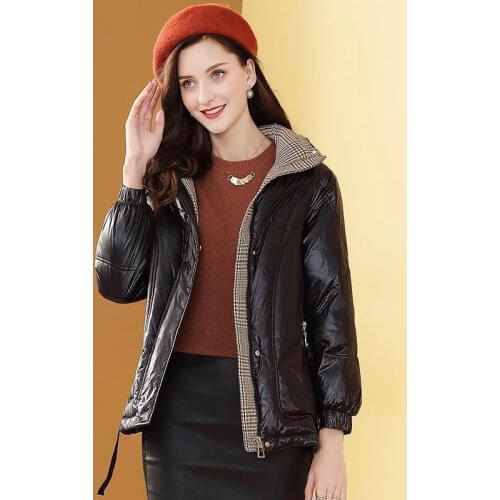 Woman Jacket Parkas Coat Plaid Stitching Black Down Feather Cotton-Padded Coat Short Winter Clothing Womens Coat Veste Femme