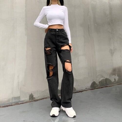 Sexy Hollow Out Tassel Ripped Black Jeans Women Spring Autumn Casual Loose High Waist Distressed Jeans for Women Wide Leg Pants