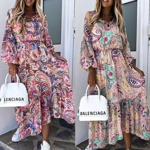 Harajuku2021Autumn Lantern Long Sleeve Floral Print Dress Women Vintage O Neck Boho Long Dress Sexy Elegant Party Dress Vestidos