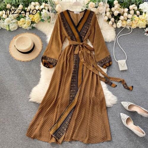 YIZZHOY Spring Autumn V Neck Lace up Long Sleeve A-line Dress Korean Elegant Bohemian Long Holiday Dress Women Retro Print Dress