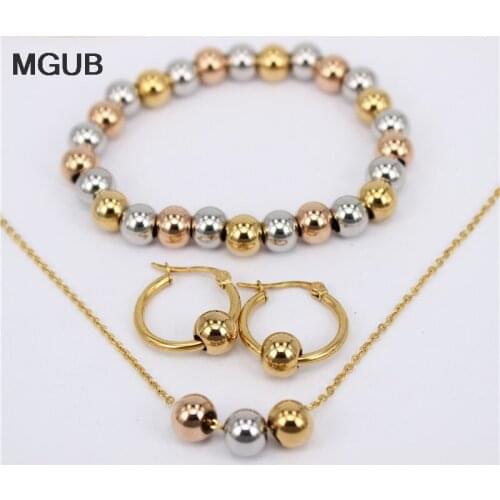 2019 New Earring size Diameter 10mm-70mm smooth stainless steel beads Three-piece sets (bracelet earring necklace)
