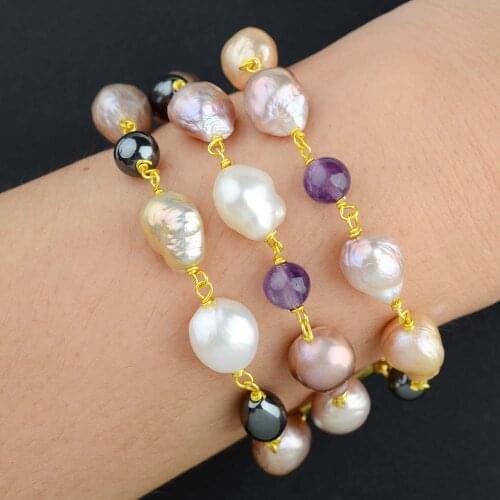8" 3 rows Multi Color Cultured Keshi Pearl Amethst Hematite Bracelet