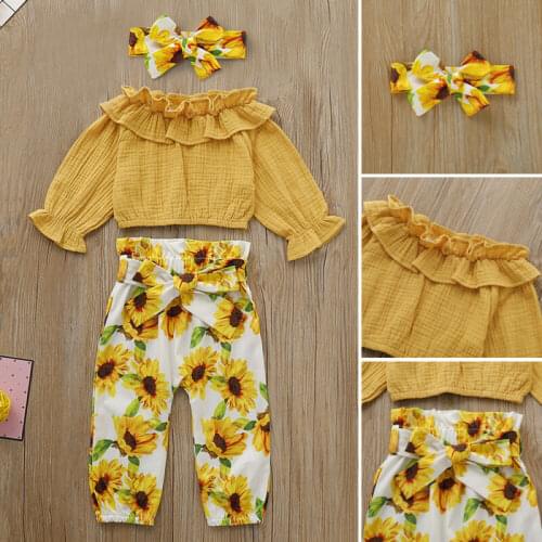 Toddler Baby Kid Girl Floral Outfits Little Girls Long Sleeve T-shirt Tops+Pant+Headband 3Pcs Clothing Set 1-4T Summer Clothes