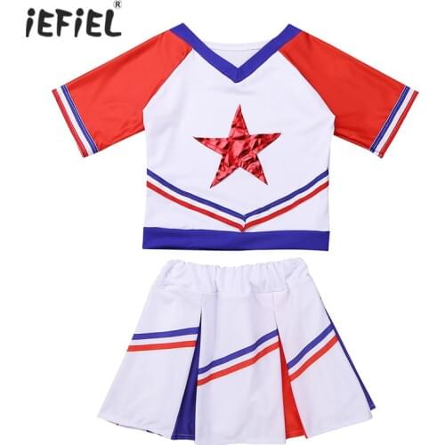 Kids Girls Cheerleader Cosplay Costume Dancewear Outfit Short Sleeves Stars Applique T-shirt with Skirt and Socks for Halloween