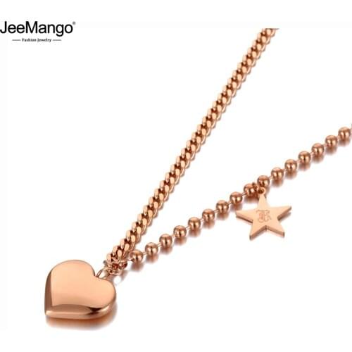 JeeMango Titanium Stainless Steel Love Heart & Star Charm Pendant Necklaces Trendy Bohemia Choker Necklace For Women JN20117