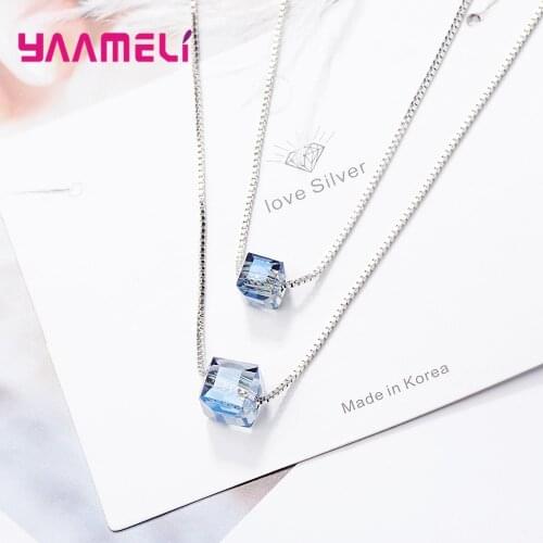 Korea Stylish 925 Sterling Silver Women Collar Necklace Square Cutting CZ Diamond Pendants Double Layers Choker Jewelry