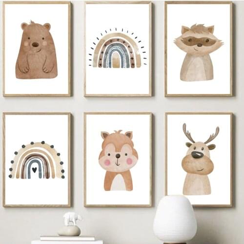 Bear Reindeer Raccoon Rainbow Nordic Posters And Prints Cartoon Animals Art Canvas Painting Wall Pictures For Kids Room Decor