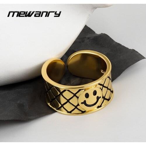 Mewanry 925 Sterling Silver Rings for Women New Trend Hip Hop Vintage Grid Pattern Smiley Party Jewelry Couples Gifts Wholesale